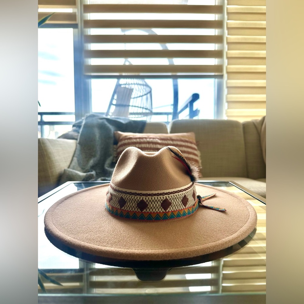 Wide-Brim Hat with Feather Accent